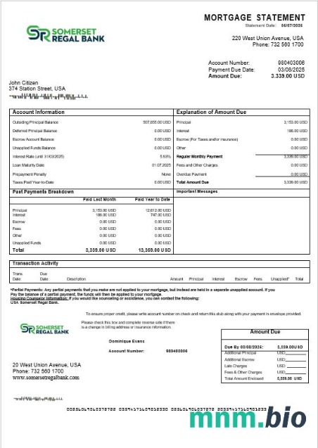 USA Somerset Regal Bank wyciąg z kredytu hipotecznego w formatach Word i PDF